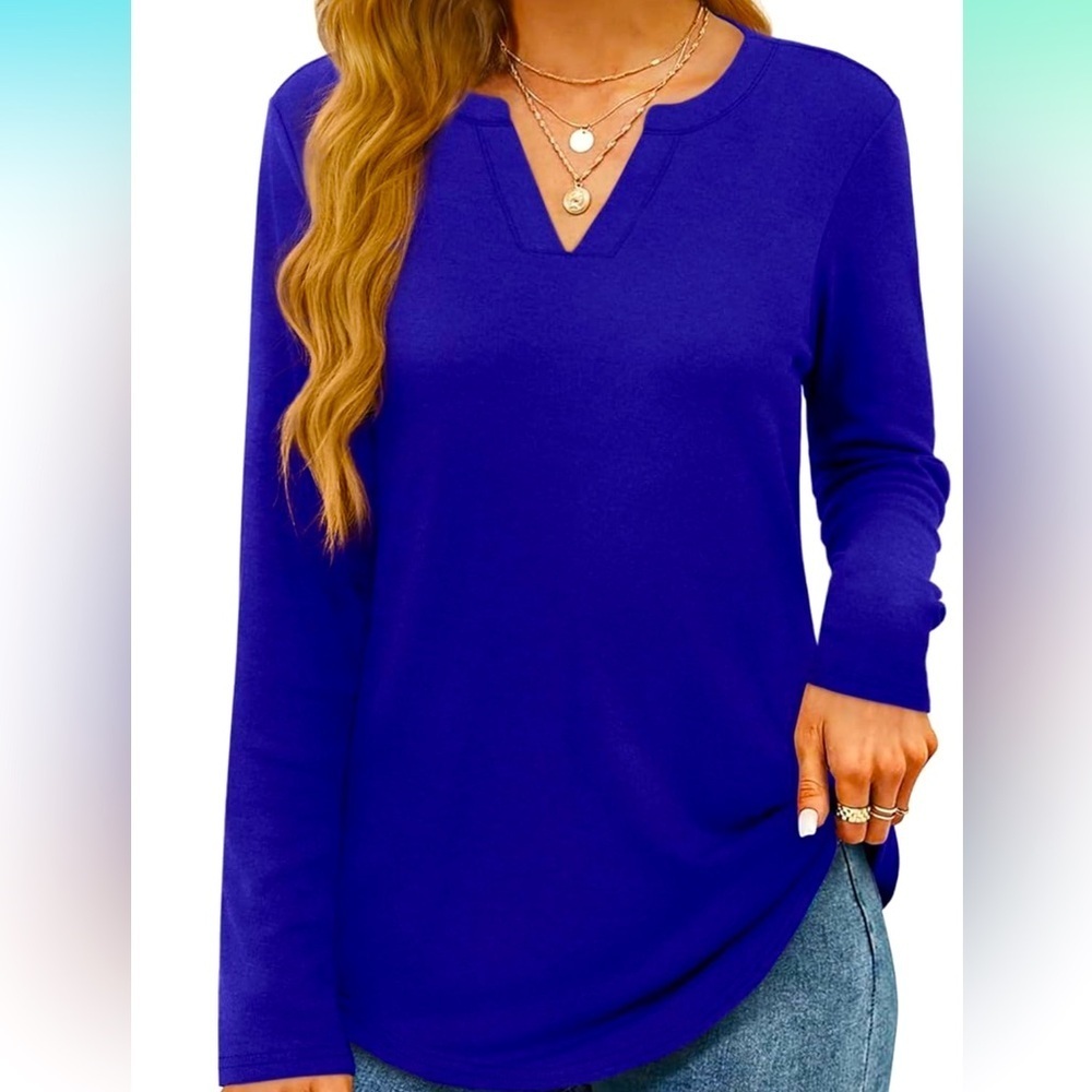 OFEEFAN Long Sleeve V Neck Dressy Blouse, Loose Fit Tunic Top Curved Hem size L
